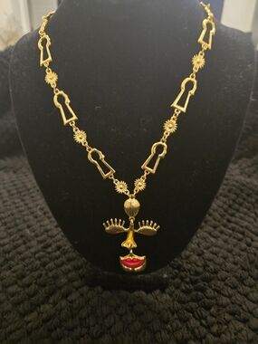 Schiaparelli Inspired Gold-Tone Face Pendant Necklace Red Accent Women's Jewelry